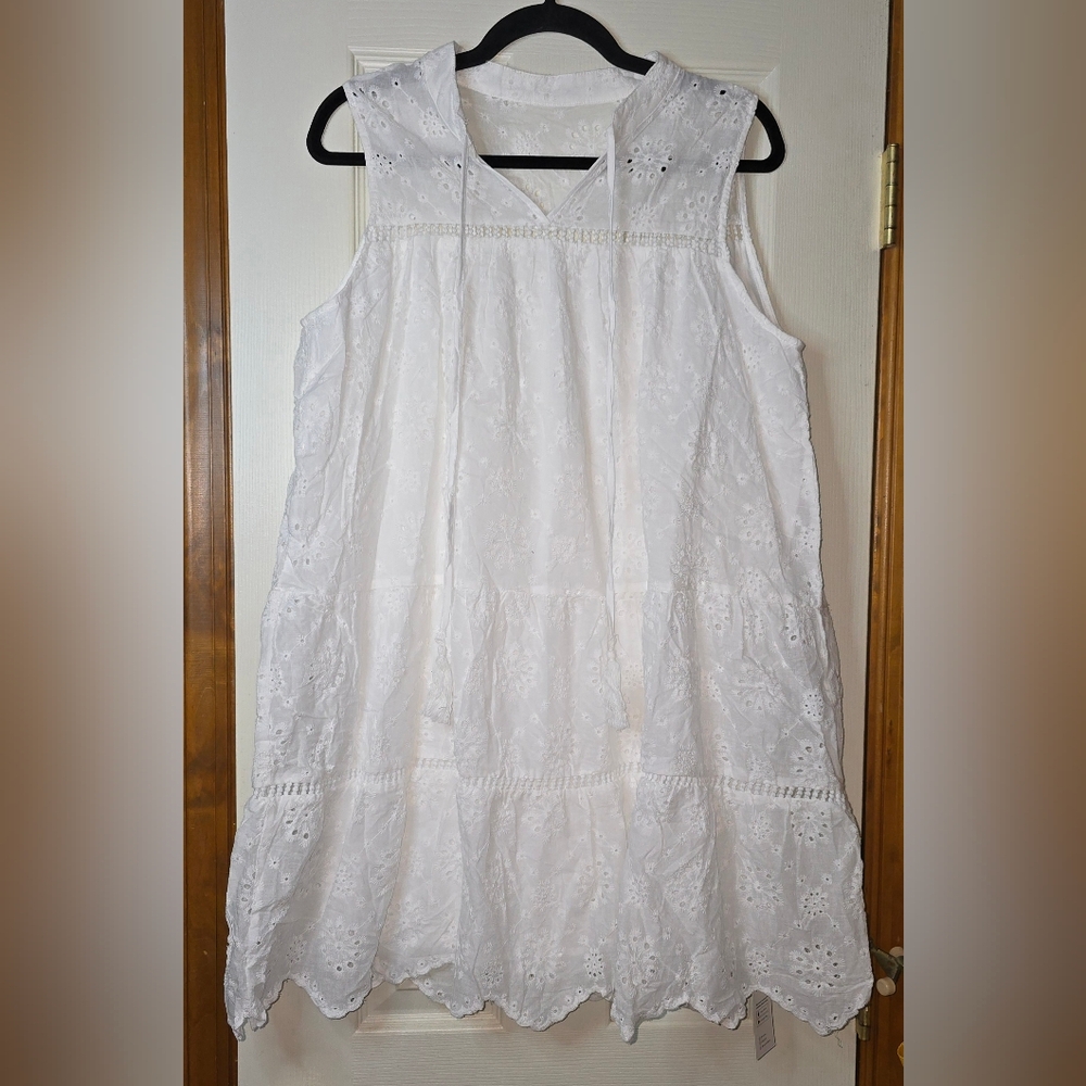 White Eyelet Sleeveless Dress L Boho Cottagecore Beach Coastal Cowgirl